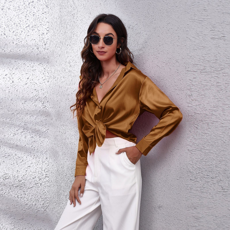 Women's clothing color D shirt satin silk imitation long sleeve shirt_voghion.com
