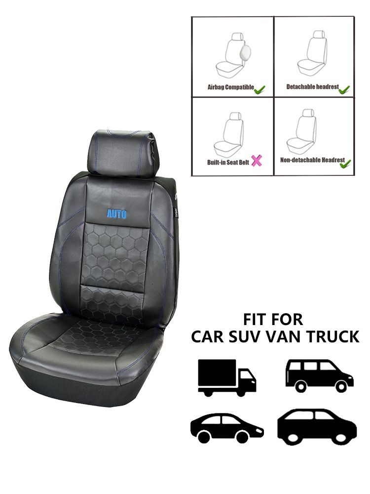 Deux housses de siège avant de voiture avec broderie de football noire, épissure en PVC noir, ligne de pression tridimensionnelle en PVC_voghion.com