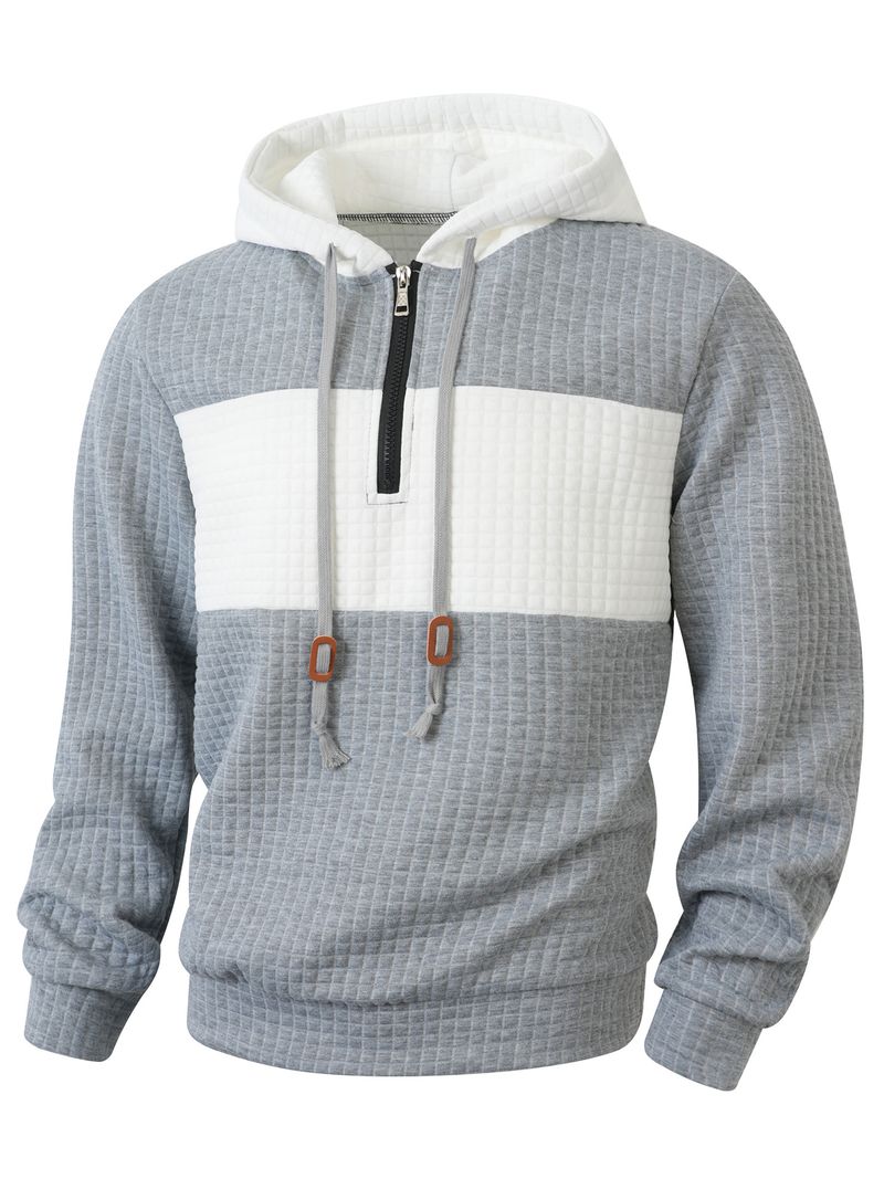 Felpa con cappuccio a quadri da uomo – Felpa casual a maniche lunghe con cerniera (S-XXXL, design a blocchi di colore)_voghion.com