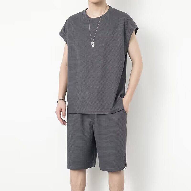 Completo sportivo da uomo in due pezzi, con maglietta senza maniche estiva, canotta casual, pantaloncini e sottile tessuto in seta ghiacciata_voghion.com