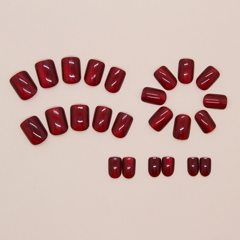 Unghie finte Red Fairy Berry Red Pure Color Cat's Eye Unghie corte quadrate rimovibili indossabili_voghion.com