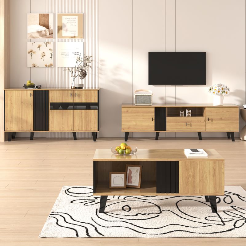 Buffet avec éclairage LED et verre, armoire en stratifié beige avec finition noire et bois, design unique à rayures noires_voghion.com