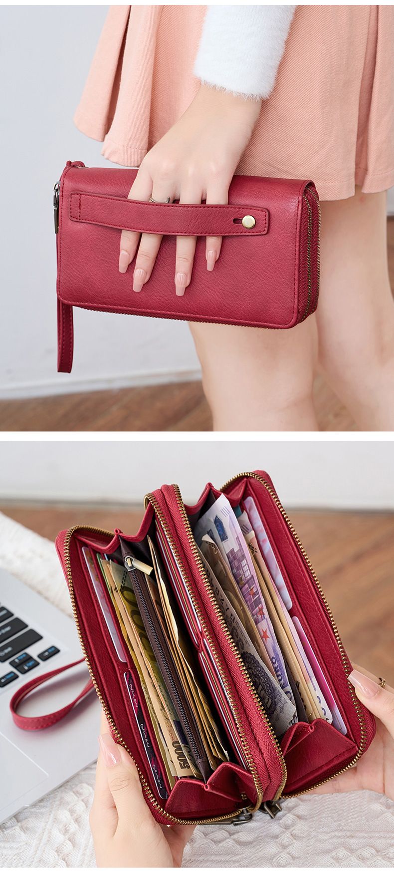 Herren-Geldbörse mit RFID-Schutz, Business-Geldbörse für Herren, modische Geldbörse mit Doppelreißverschluss, lange Geldbörse im Retro-Stil, große Kapazität, Damen-Clutch._voghion.com
