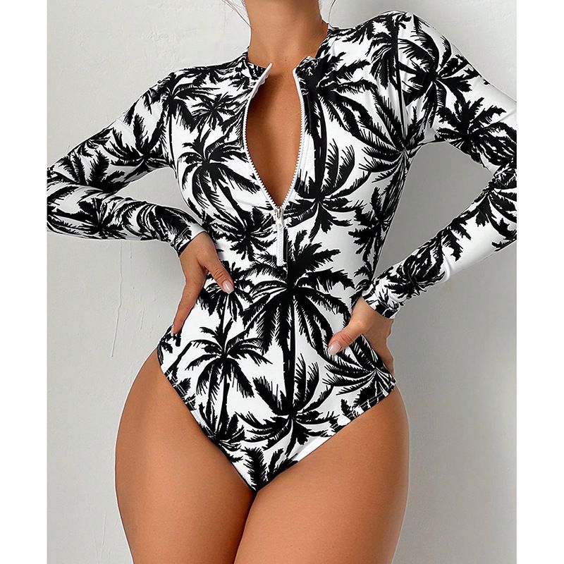 Maillot de bain une pièce imprimé à manches longues pour femme, avec fermeture éclair, couvrant le ventre, modèle conservateur, modèle 2025_voghion.com