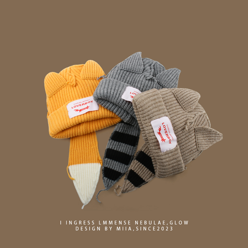 Piccole orecchie di gatto carine coda un cappello lavorato a maglia autunno e inverno caldo cappello lavorato a maglia spesso cappello freddo_voghion.com