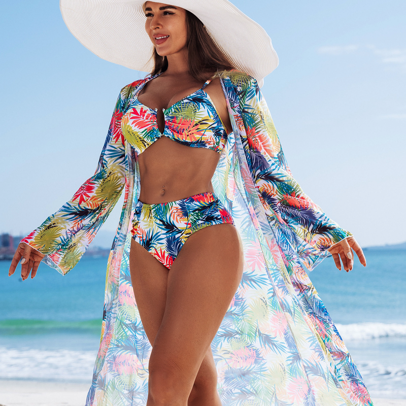 Damenbekleidung Mode Sexy High-End-Bikini Dreiteiliger mehrfarbig bedruckter Damen-Badeanzug_voghion.com