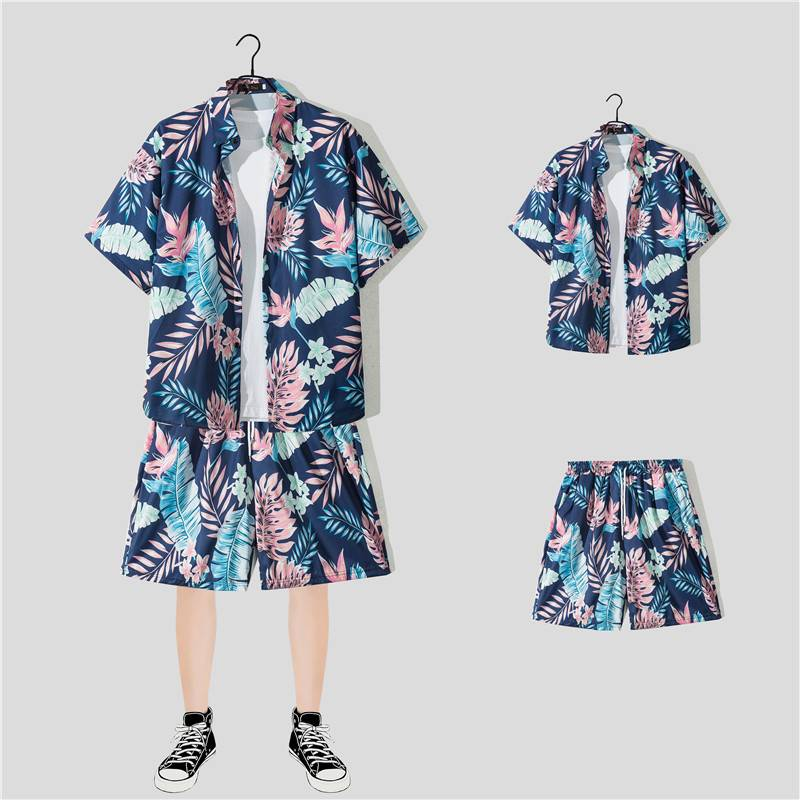 Ensemble de plage décontracté pour homme en été, tenue de plage fine, ample et tendance, short hawaïen et chemise fleurie, deux pièces_voghion.com
