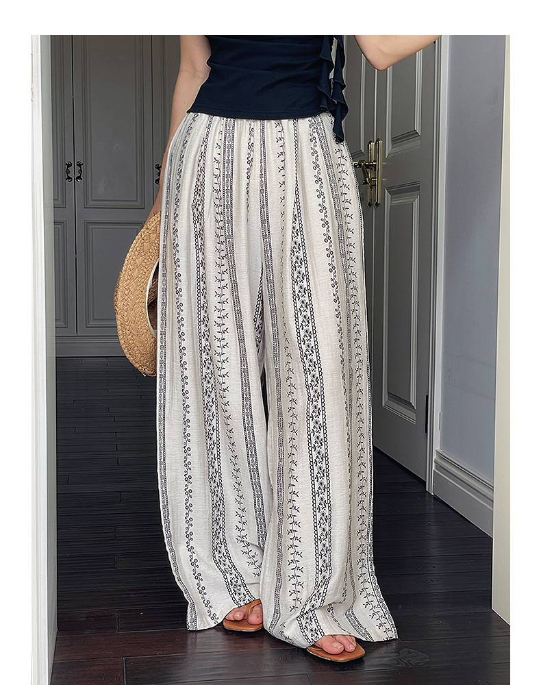 Pantaloni a gamba larga con stampa retrò da donna, nuovi pantaloni casual estivi in lino stile pigro_voghion.com