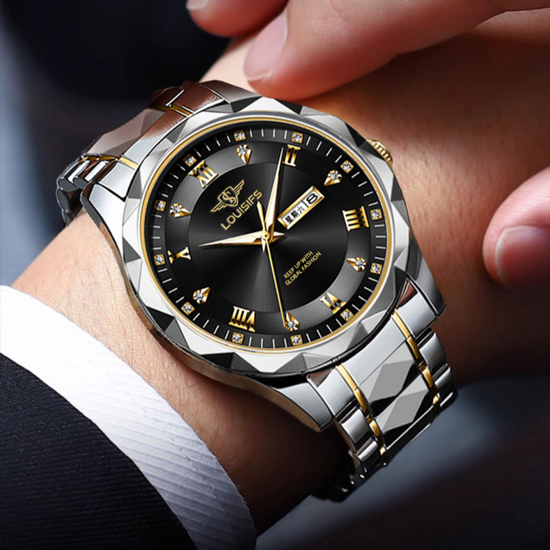 Luxe quartzhorloge voor heren met waterdichte, lichtgevende en kalenderfuncties - roestvrijstalen band, mineraalglas, elegante zakelijke stijl_voghion.com