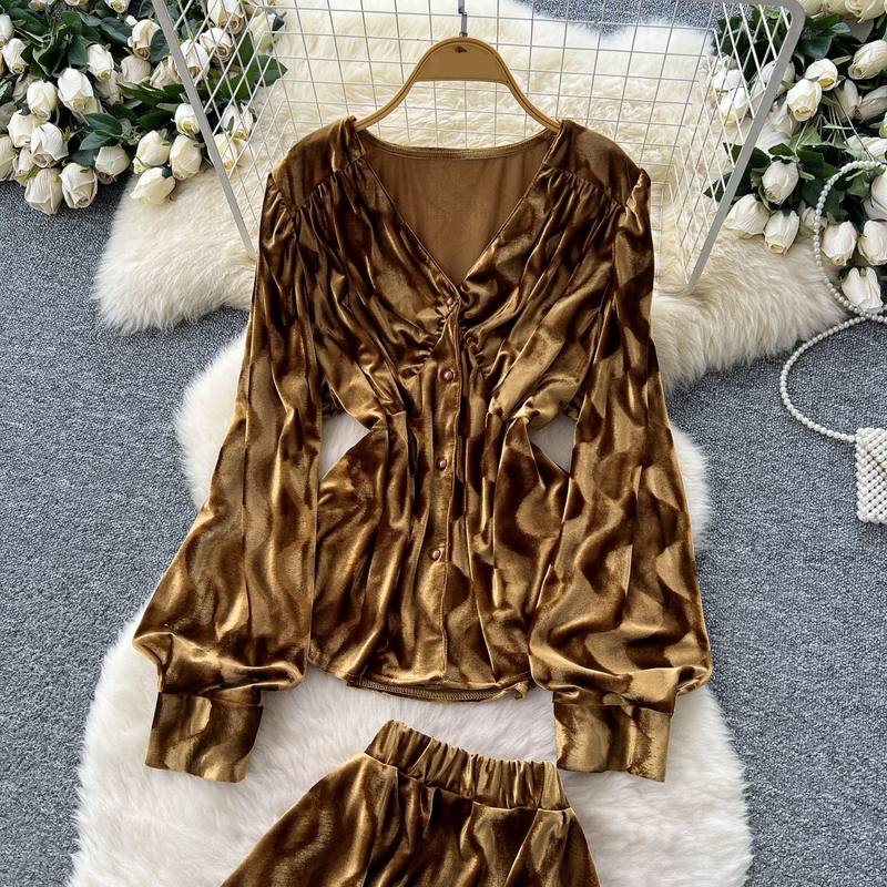 Completo da donna con camicetta in velluto con scollo a V e gonna midi fluida a vita alta - Elegante abito autunnale da donna (oro, bordeaux, nero, taglia unica)_voghion.com