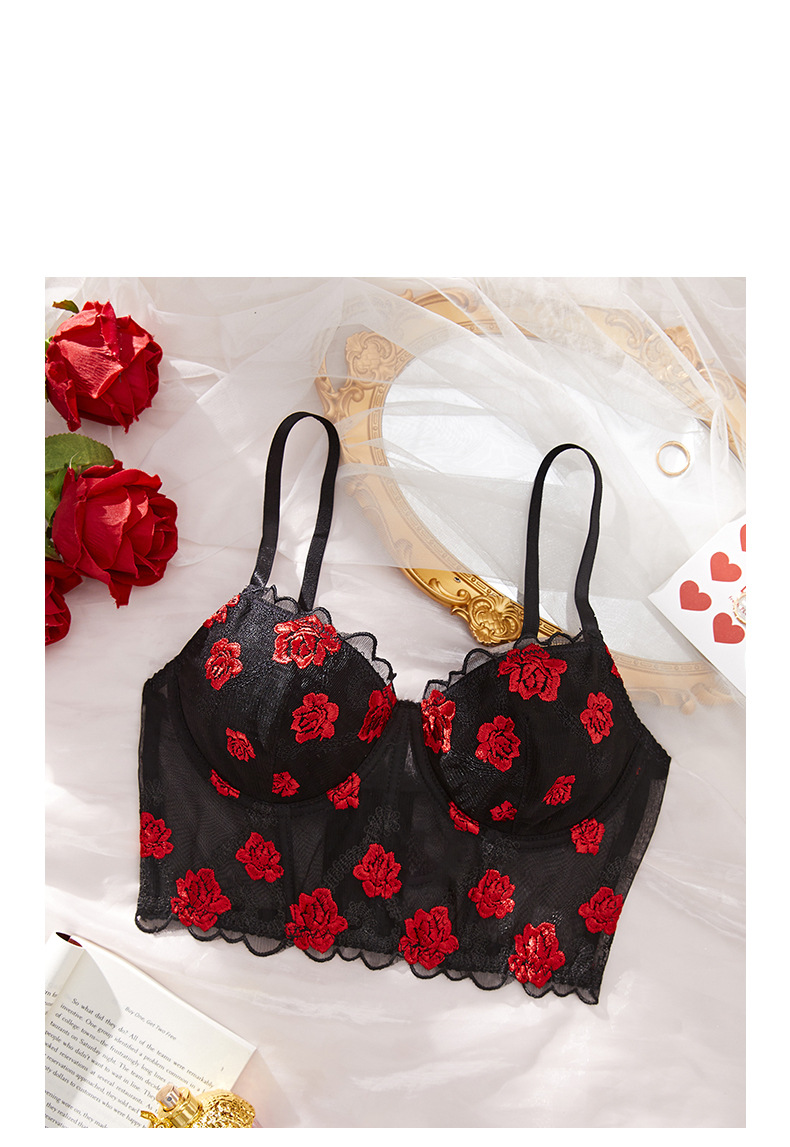 Exquisite Rose Lace Embroidered Sheer Mesh Bra Set With Adjustable 3-Row Hook & Eye Closure - Sensual Bustier Corset For Women_voghion.com