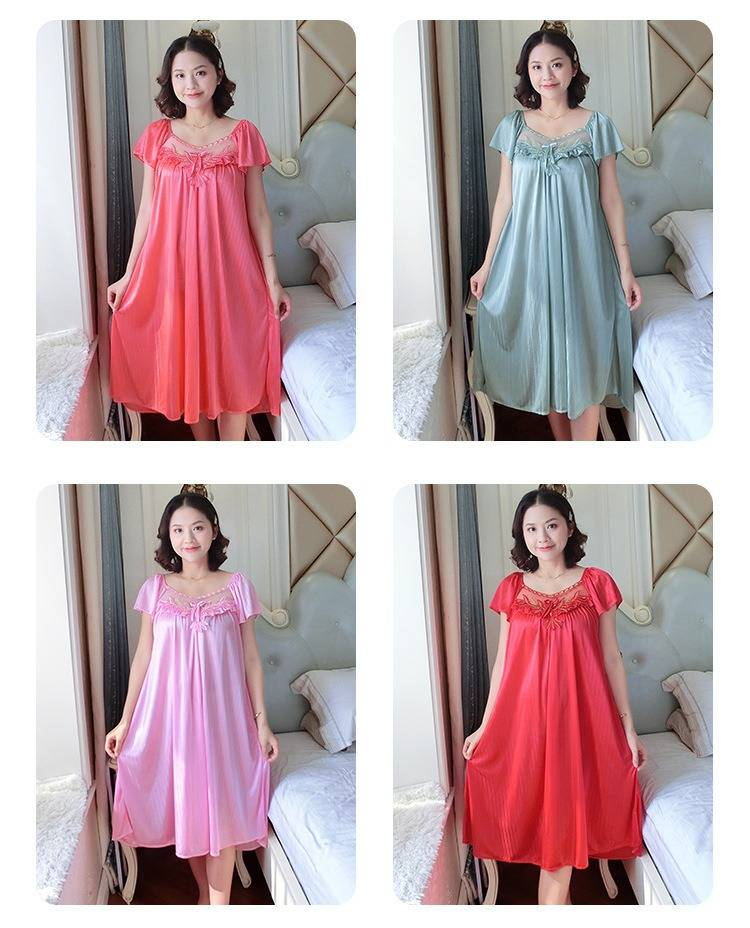 Women Ice Silk Sleepwear Set Nightdress Homewear Nightwear Pyjamas Female Lace Sleepwear V-neck Nightgown Plus Size_voghion.com