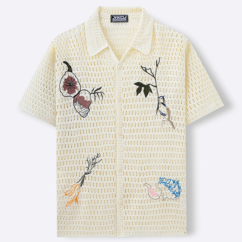 Polo de punto bordado para hombre, camiseta informal de verano con encaje de ganchillo, transpirable y frontal abierto._voghion.com