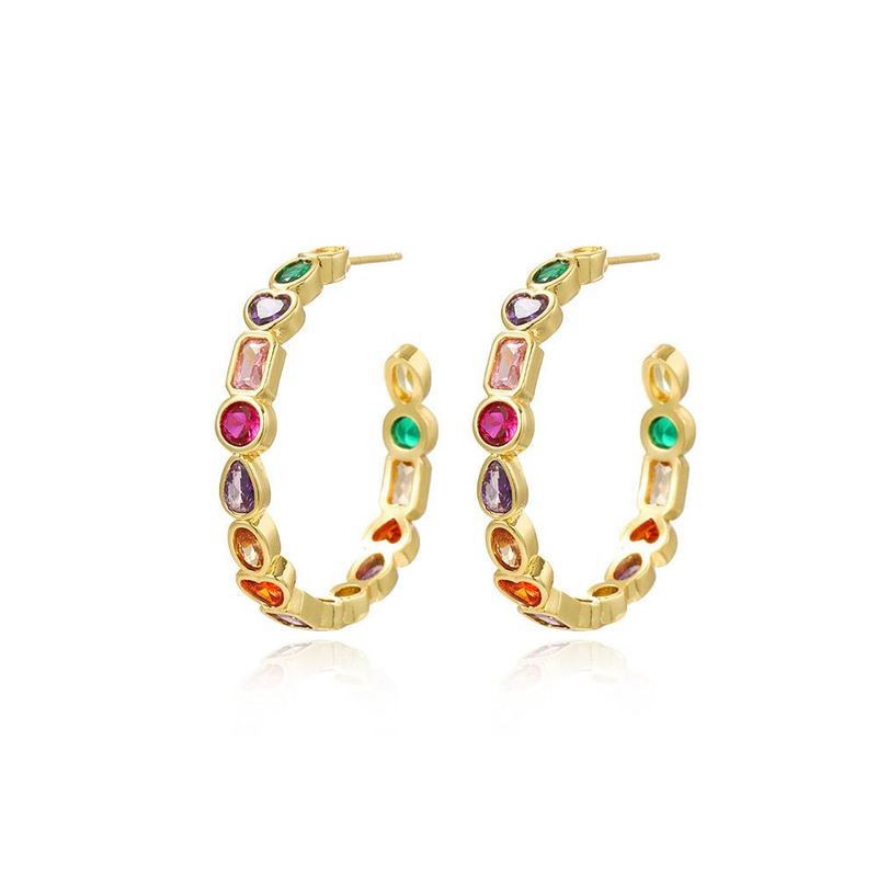 Women's Jewelry Geometric Pattern C-Shaped Hoop Earrings With Colorful Zircon Stones, 18K Gold Plated Fashion Statement Earrings For Women_voghion.com