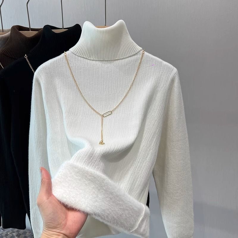 Women's Fleece-Lined High Neck Thermal Sweater - Soft & Warm Winter Pullover, Loose Fit, Long Sleeve, Casual & Elegant (Black/White/Brown/Khaki)_voghion.com