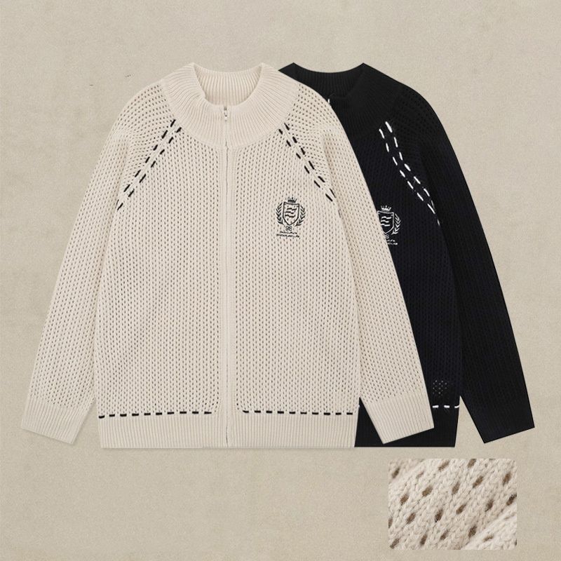Retro Embroidered Baseball Jacket, Open-Knit Drop Shoulder Zip-Up Cardigan In Beige & Black – Unisex Vintage Streetwear_voghion.com