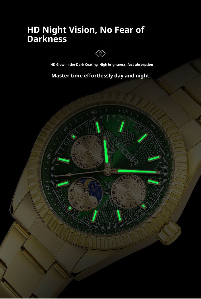 MEGIR Luxury Moon Phase Quartz Watch For Men & Women - 42mm Stainless Steel Case, Water Resistant, Elegant Business Chronograph With Luminous Hands_voghion.com