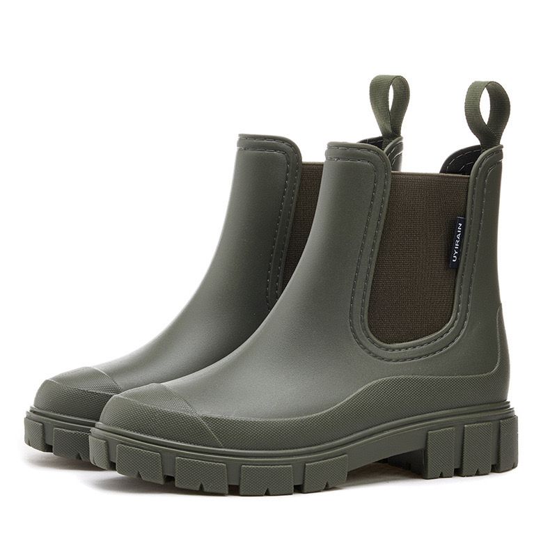 Damen Regenstiefeletten mit Gummizug im neuen Stil, wasserdicht, mittelhoch, rutschfest, für drinnen und draußen_voghion.com
