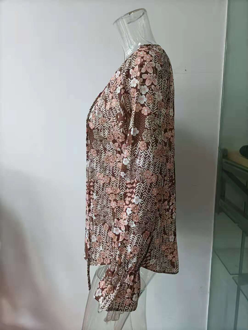 Maglietta da donna con stampa floreale e scollo a V a maniche lunghe_voghion.com