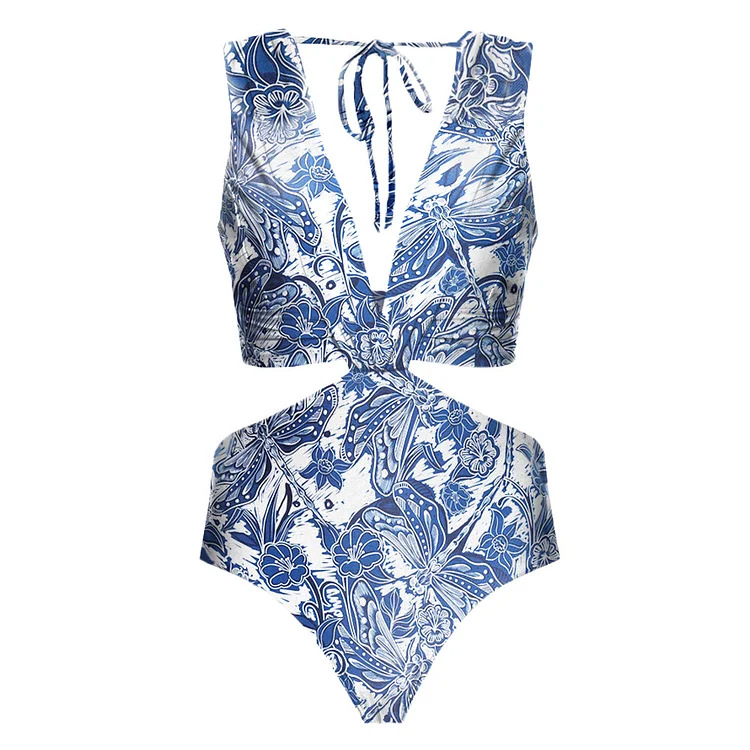 Women's bikini ruffled blue dragonfly print split swimsuit suit for women _voghion.com