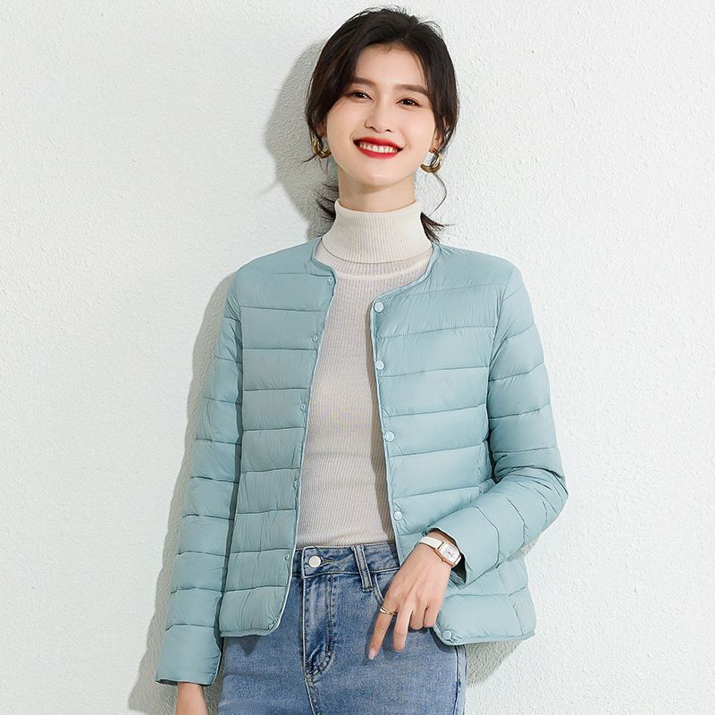 K Women's New Style Round Neck Cotton Padded Jacket, Slim Fit Base Layer, Solid Color Slimming Warm Short Lightweight Cotton Coat._voghion.com