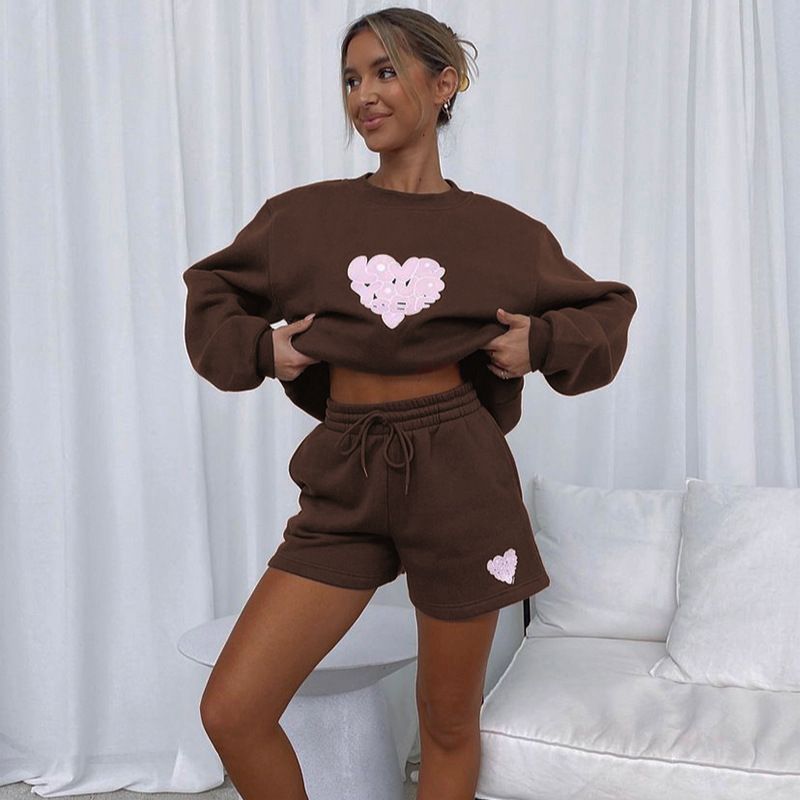 Women's fashion casual printed shorts two-piece set plus fleece long-sleeved hoodie set_voghion.com
