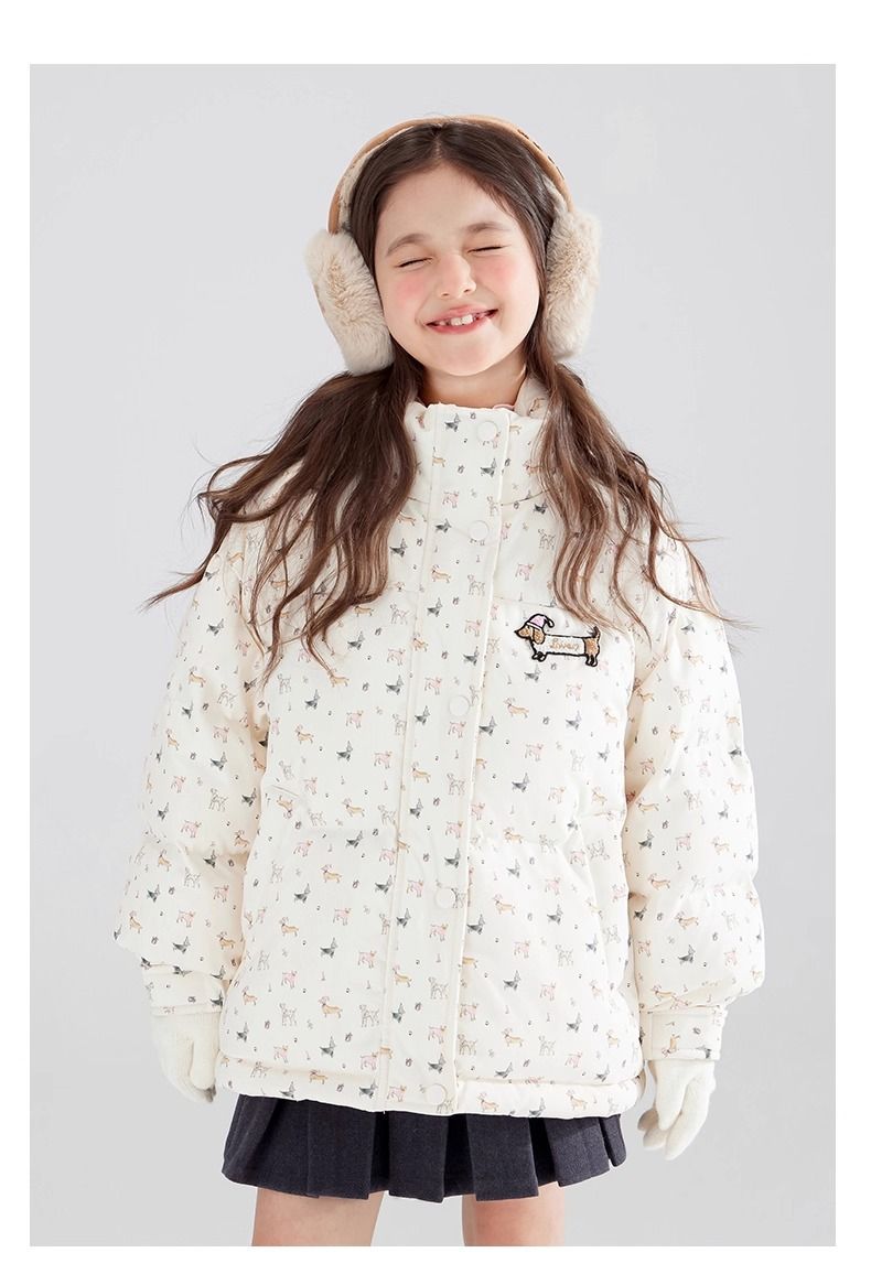 Mädchen-Winterpufferjacke – Abnehmbare Kapuze, Dackel-Print, Thermofutter (120–170 cm, Creme, Kurzlänge für Schule und Freizeit)_voghion.com