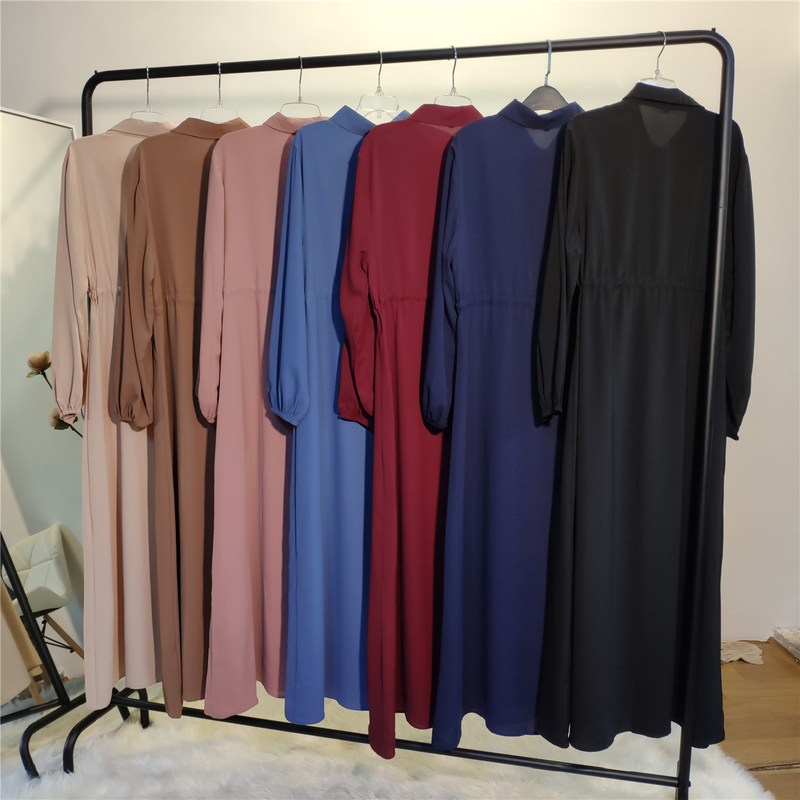 Roupas femininas nova moda muçulmana lapela cor sólida botão completo vestido fino saia longa_voghion.com
