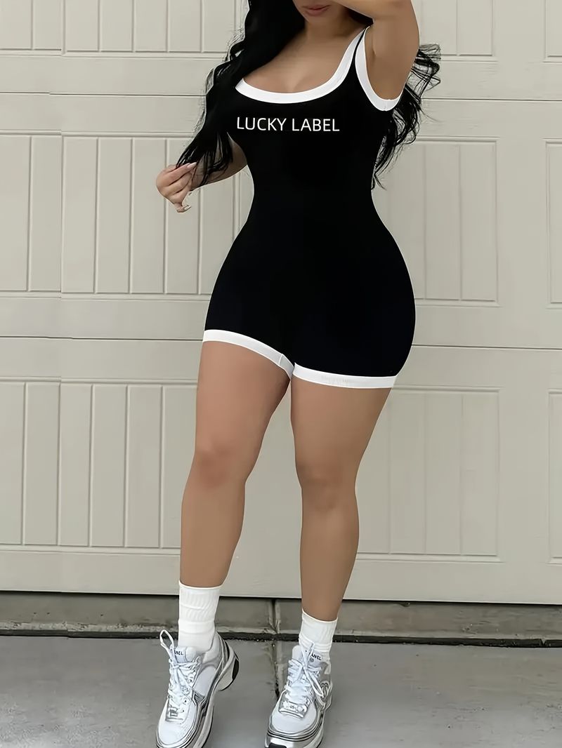 Farbblock-Träger, rückenfreier Jumpsuit mit Buchstaben-Print, sexy, figurbetonter Einteiler, Playsuit für Damen, Mode-Outfits, Streetwear, Workout, Fitnessstudio, Urlaub_voghion.com