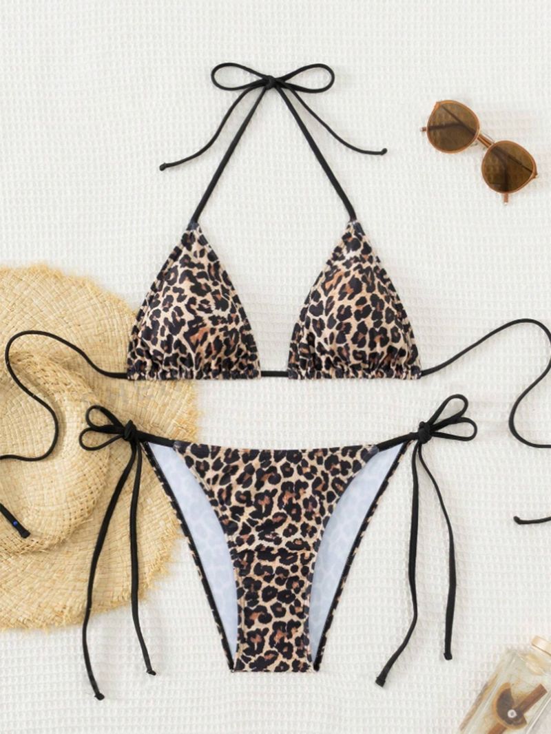 Women's Clothing Sexy Backless Swimsuit Women's Leopard Print Three Point Bikini Drawstring Swimsuit_voghion.com