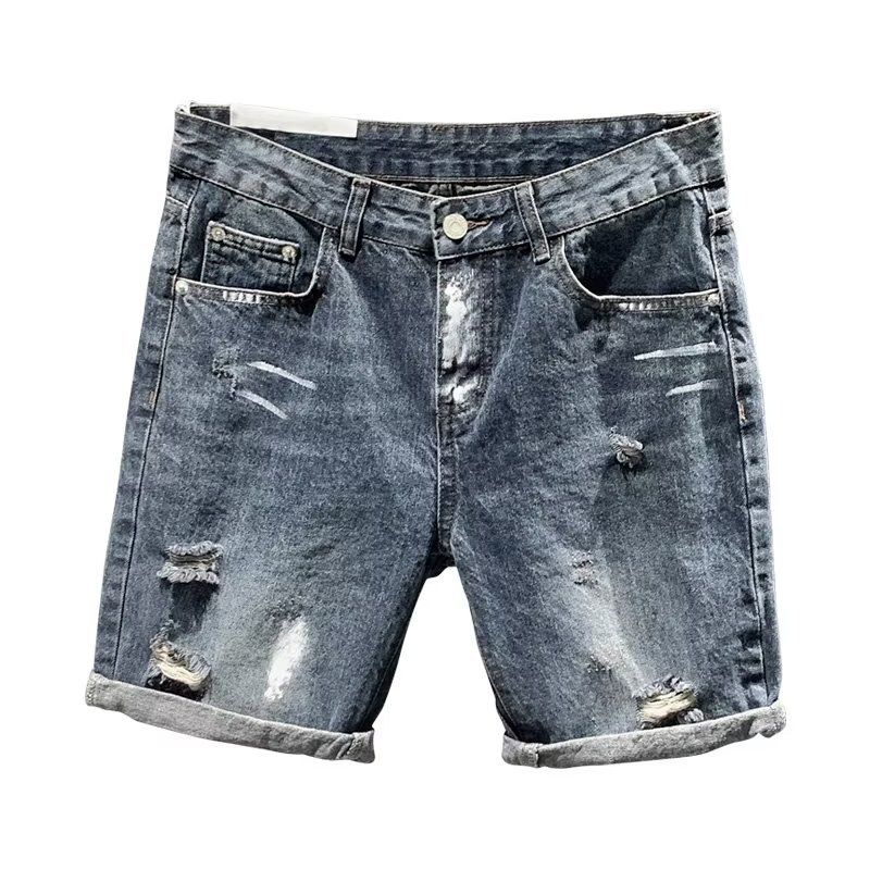 Herenkleding denim shorts zomer dun los merk 5-punts mid-lengte broek stijl gescheurde stretch broek_voghion.com