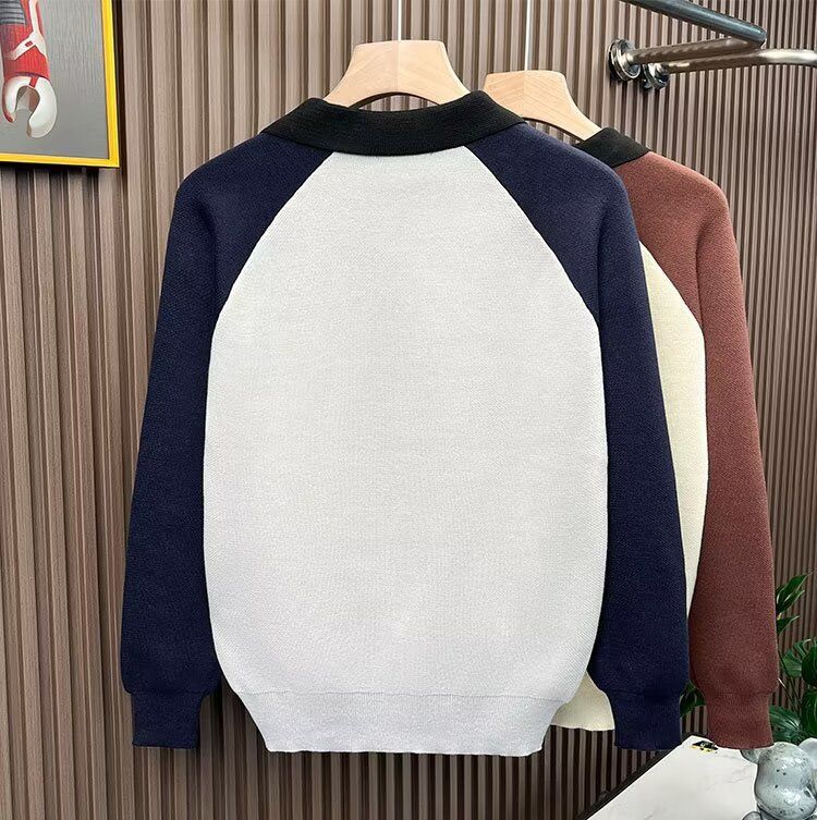 Herren-Pullover im japanisch-koreanischen Hybrid-Stil mit halbem Reißverschluss – Pullover mit kontrastierendem Revers und Polokragen (Gräulich/Aprikose, M-3XL)_voghion.com