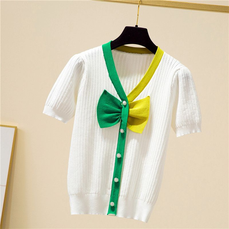 Women's Clothing v neck bow color matching knitted cardigan women's summer new short slim button top_voghion.com