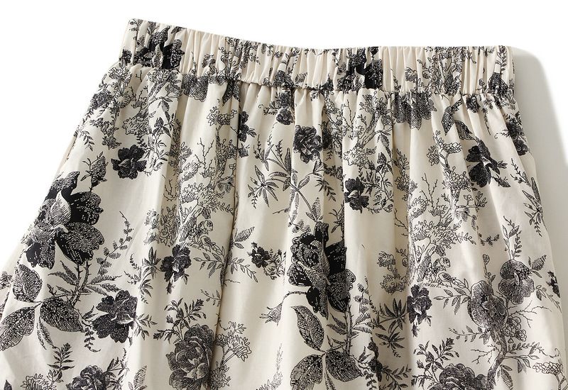 Gonna midi a vita alta con drappeggio floreale per donna; gonna a trapezio; abito lungo._voghion.com