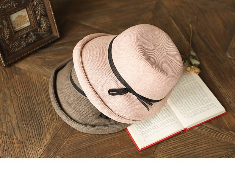 Hepburn cappello di paglia con paravento da vento cappello da bacino pieghevole retrò da donna Cappello da pescatore artistico cappello da sole semplice cappello casual_voghion.com