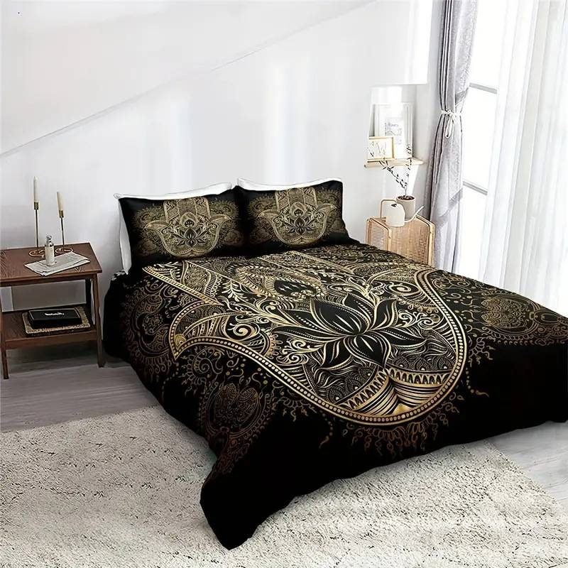 Black And Gold Bohemian Duvet Cover Three Piece Set_voghion.com