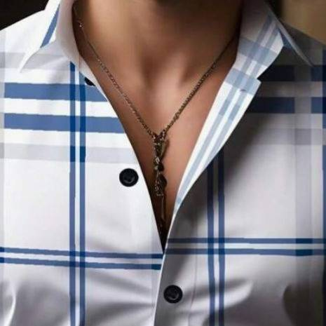 Men's Clothing Striped Blue Printed Shirt Collar Casual Short Sleeved Lapel Tops_voghion.com