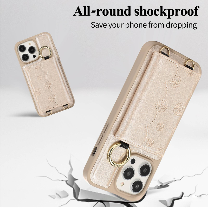 Custodia per telefono con slot per carte di credito e motivo a rosa per iPhone 15 Pro/14/13 - Custodia protettiva sottile in pelle PU con tracolla staccabile_voghion.com