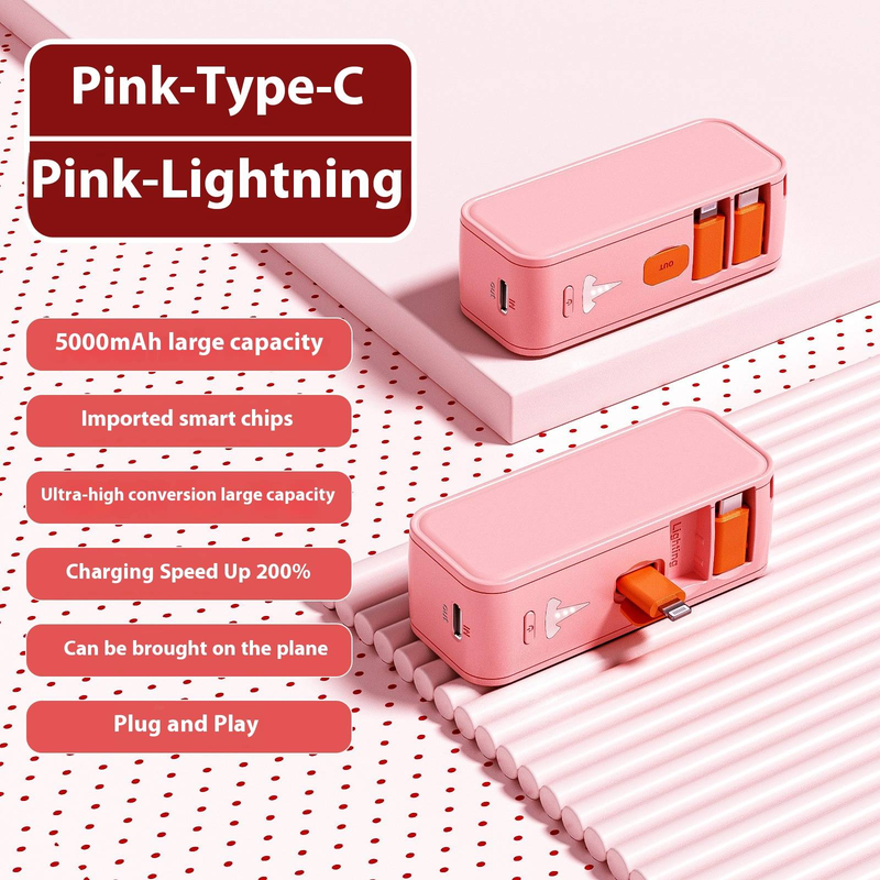 SEDALUO Mini Capsule Power Bank 5000mAh With Built-in Cable, Portable Fast Charging External Battery For IPhone & Android_voghion.com