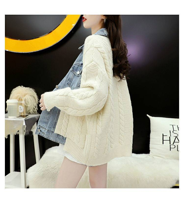 Women's Loose Knit Cardigan With Denim Patchwork - Casual Long Sleeve Polo Collar Pullover In Cream & Black (One Size)_voghion.com
