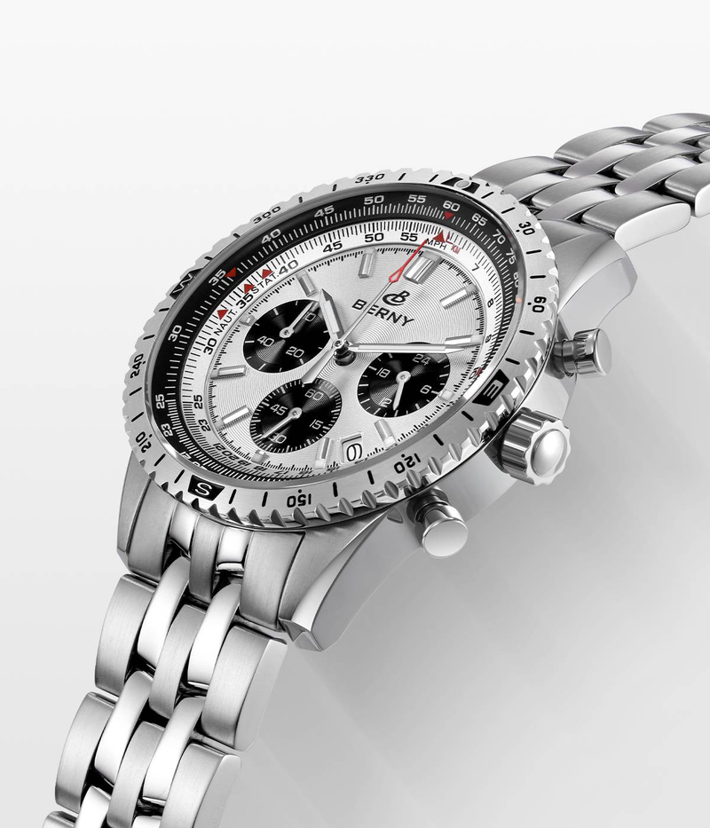 BERNY Silver Chronograph Watches For Men Multifunction Quartz Watch With Tachymeter Date Stainless Steel Waterproof Luminous Sapphire Wristwatch_voghion.com
