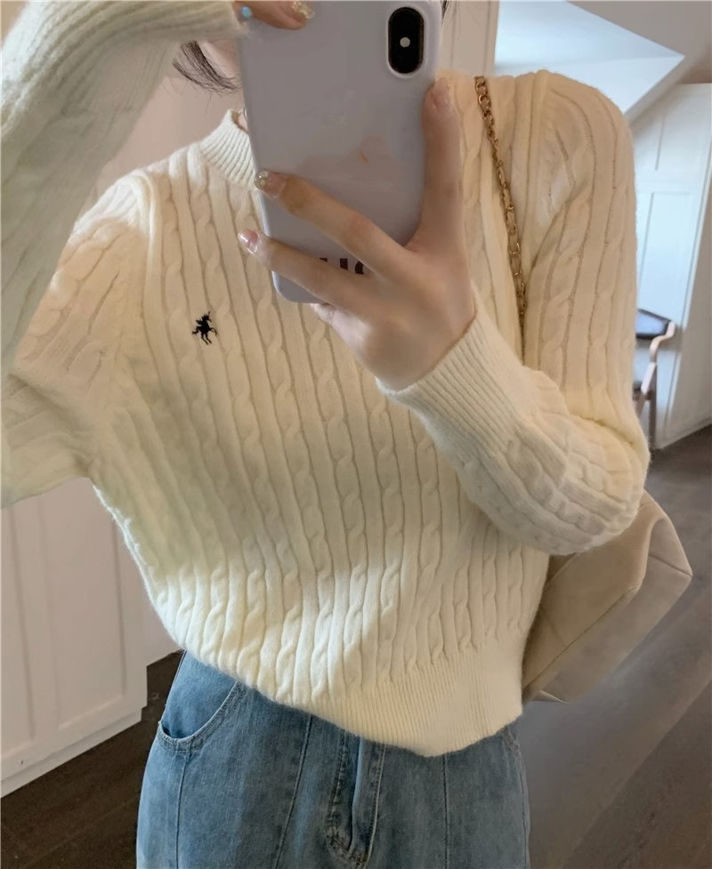 Unique Cable-Knit Sweater With Embroidered Animal Motif – Cozy Round-Neck Pullover For Petite Frames (Gray, White)_voghion.com