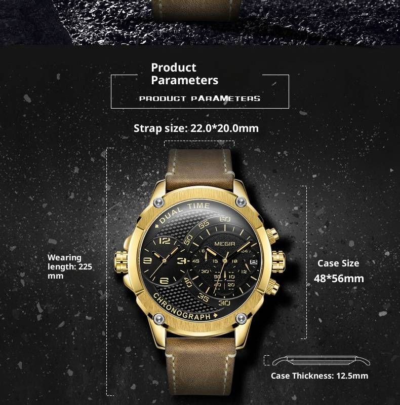 Orologio da uomo GMT Dual-Time – Cinturino in vera pelle da 48 mm con data e indicatore delle 24 ore (cronografo resistente all'acqua per viaggi e lavoro)_voghion.com