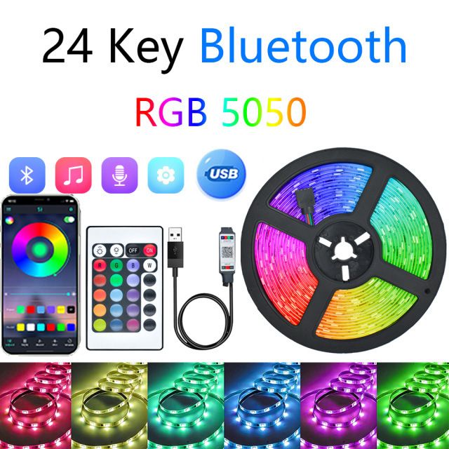 5050 RGB-LED-Lichtstreifen mit 24-Tasten-Fernbedienung und Bluetooth-App-Steuerung – 5 V flexible Farbwechsel-Lichtstreifen für die Heimdekoration_voghion.com