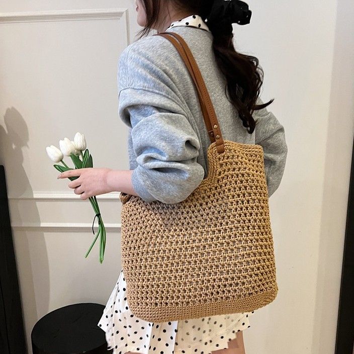 Borsa da spiaggia grande capacità, in paglia intrecciata, per le donne, modello Fresh Vacation Crochet, 2025_voghion.com