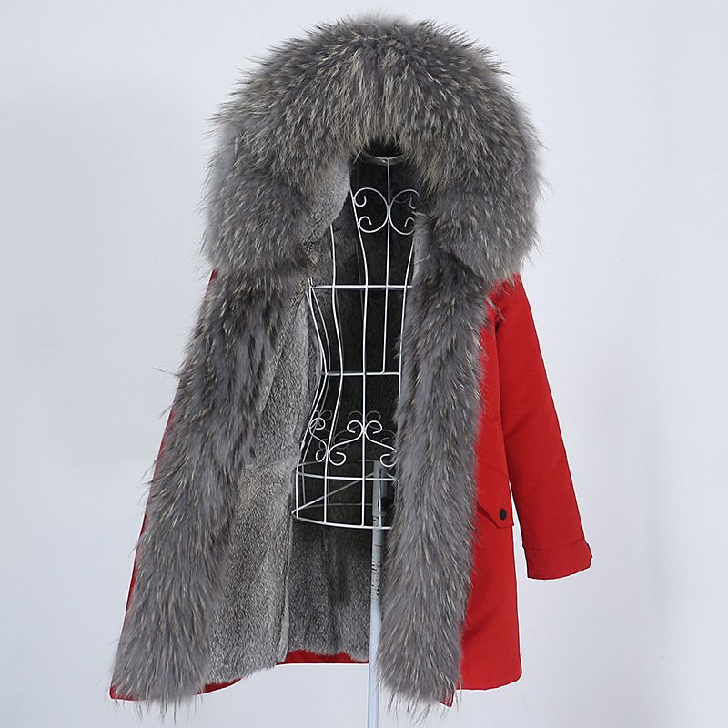 Damenbekleidung Abnehmbarer Innenmantel mit Fuchspelzkragen Mittellang Modischer warmer Kapuzenmantel_voghion.com