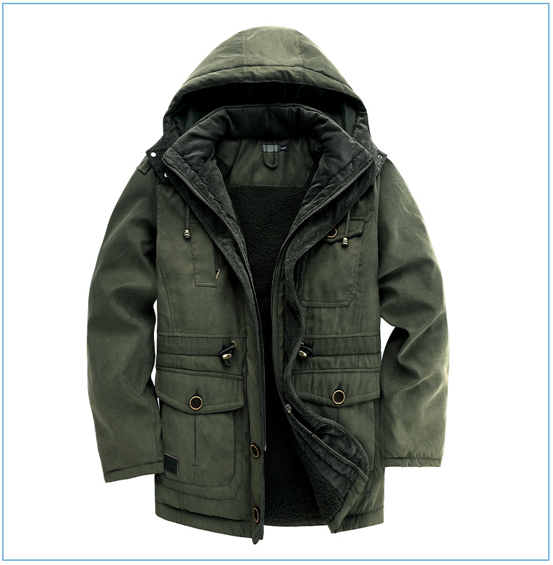 Men's Plus Size Shearling Hooded Cotton Jacket Thickened Multi-Pocket Cotton Top Casual Mid-Length Coat_voghion.com