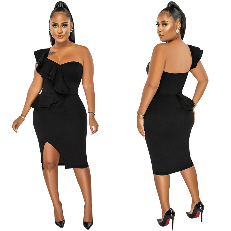 Damenbekleidung, modisches, lässiges, gerüschtes, schulterfreies Kleid mit Schlitz und Ärmeln_voghion.com
