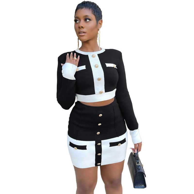Women's fashion casual black and white stripes with buttons two-piece set_voghion.com