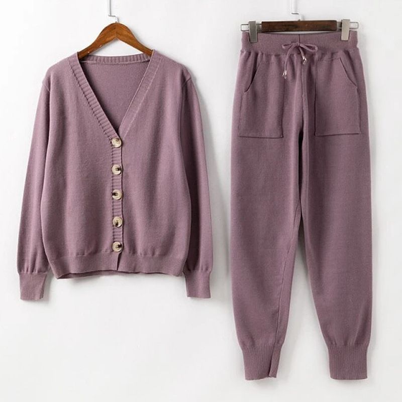 Ensemble de vêtements pour femmes, pull décontracté, ample, couleur unie, cardigan à manches longues, pantalon tricoté, ensemble deux pièces_voghion.com